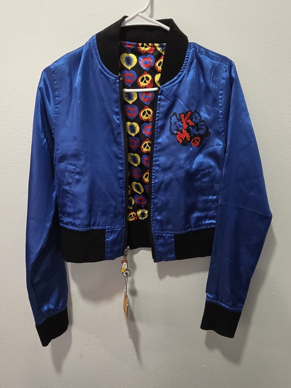 Akademiks Reversible Kiss Multi Pop Art Lip Bomber Jacket Blue Multi L